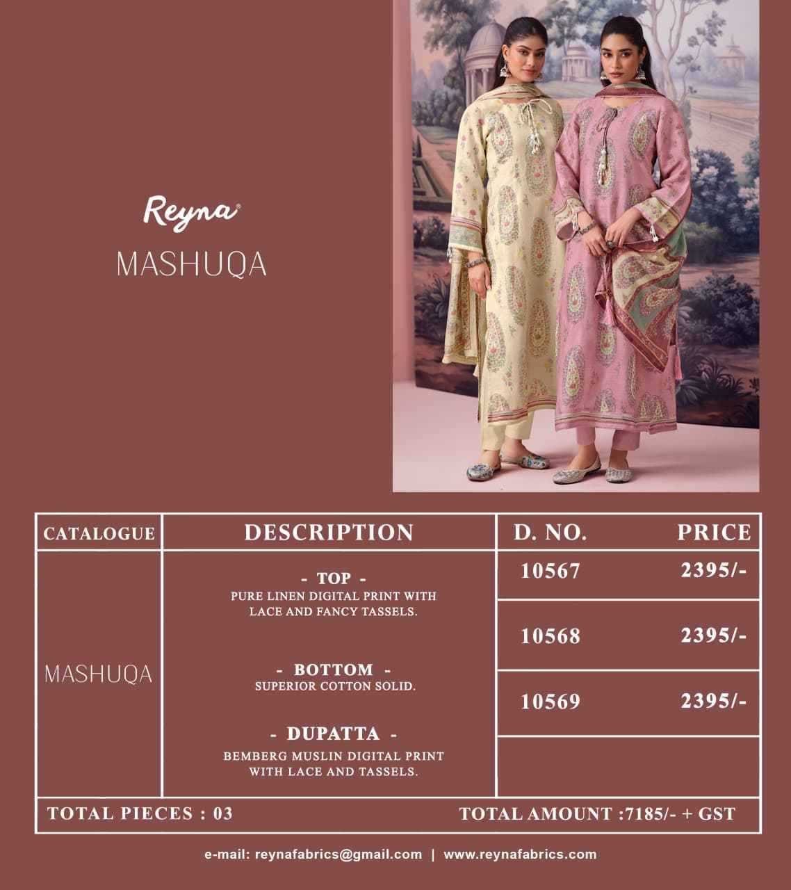 MASHUQA By Reyna Beautiful Festive Suits Stylish Colorful Fancy Casual Wear & Ethnic Wear PURE LINEN Dresses At Wholesale Price